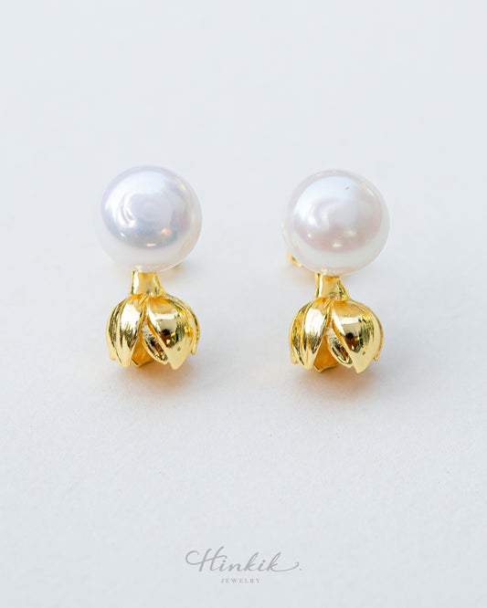 Jasmine Bloom Freshwater Pearl Stud Earrings | 10mm Premium Pearl | 18K Gold Color Finish