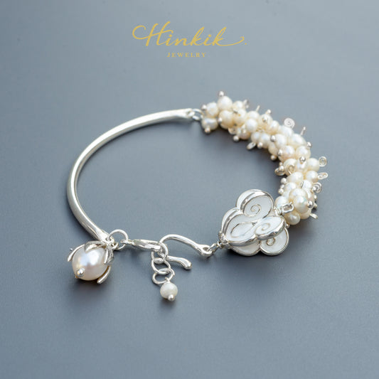 สร้อยข้อมือเงินดอกมะลิ มุกครึ่งวงกลม สไตล์ไทย พวงมาลัยดอกไม้ เงินแท้ 925