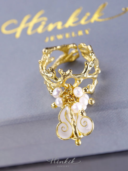 Crown Flower - Solid Brass Charm Ring with White Enamel