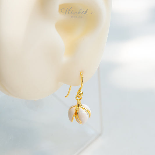 Jasmine Flower Hook Earrings – White Enamel
