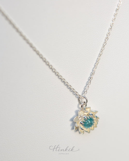 Blooming Lotus Necklace – Sterling Silver 925 with Moonstone / Aquamarine