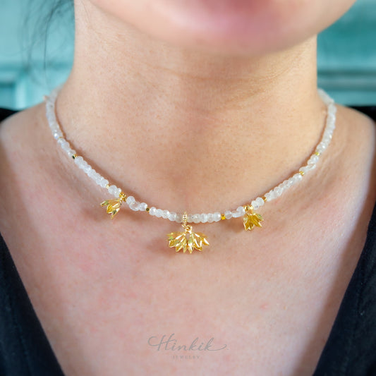 Moonstone Necklace with Pikul Flower Design & White Topaz | Auspicious Fine Jewelry for Everyday Wear ✨