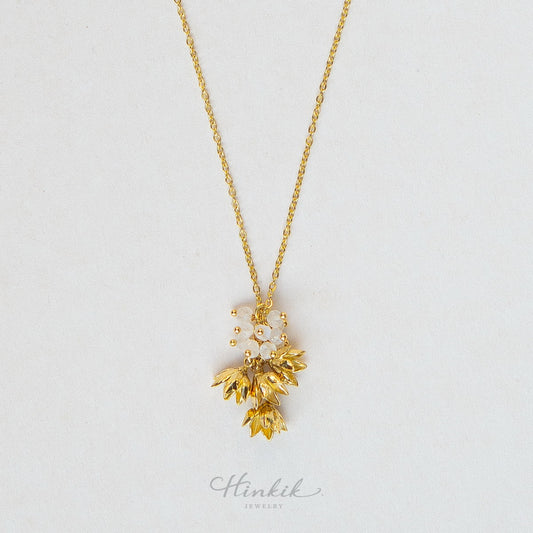 Pikul Flower Pendant Necklace with Authentic Moonstone, Gold-Plated Stainless Steel, Minimalist Auspicious Jewelry (For Work / Events / Gifts)