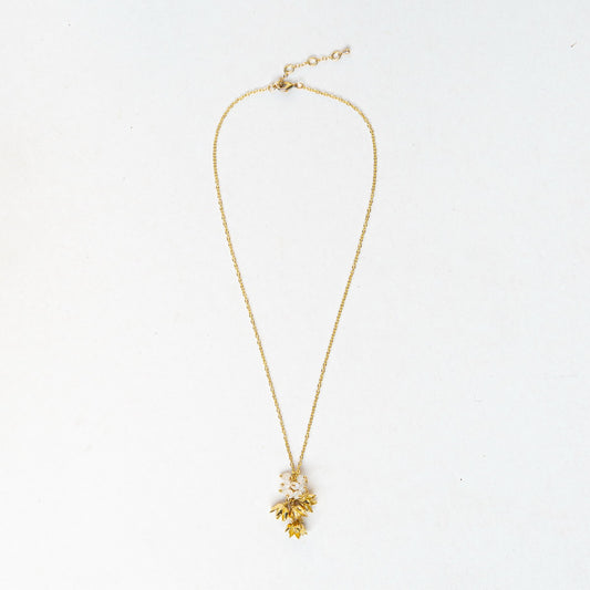 Pikul Flower Pendant Necklace with Authentic Moonstone, Gold-Plated Stainless Steel, Minimalist Auspicious Jewelry (For Work / Events / Gifts)