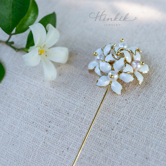 Orange Jasmine Flower Pin | White Enamel & Real Pearl Lapel Pin by Hinkik Jewelry