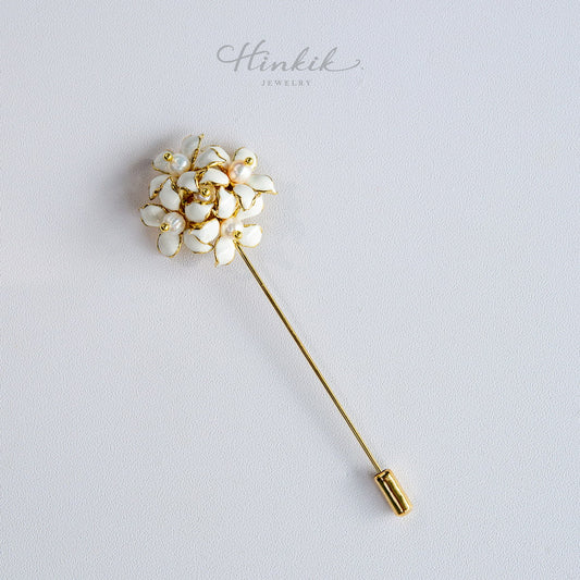 Orange Jasmine Flower Pin | White Enamel & Real Pearl Lapel Pin by Hinkik Jewelry