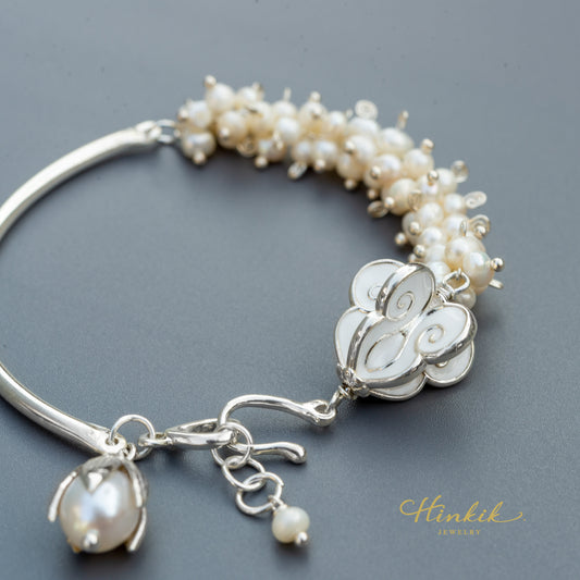 Dokrak Mali Silver Bracelet Pearl Half Circle Thai Style Floral Garland 925 Silver