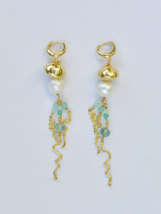 Jellyfish Earrings with Real Pearls and Fluorite Stones