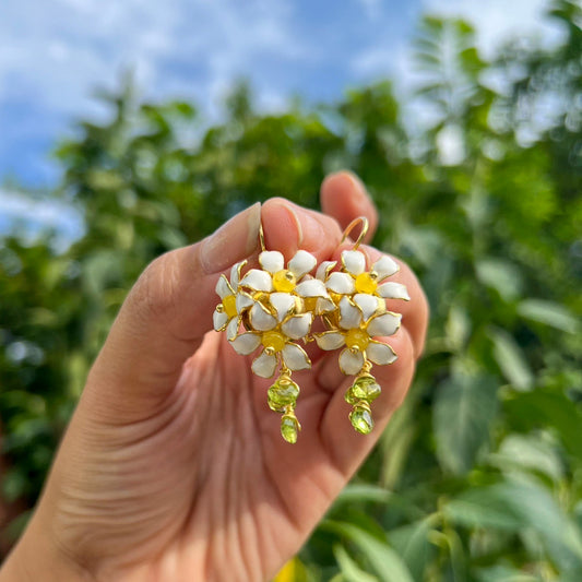 White Enamel Orange Jasmine Flower Earrings with Green Peridot - Handmade by Hinkik Jewelry