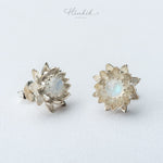 Blooming Lotus Stud Earrings – Sterling Silver with Moonstone / Aquamarine