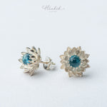 Blooming Lotus Stud Earrings – Sterling Silver with Moonstone / Aquamarine