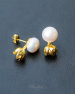 Jasmine Bloom Freshwater Pearl Stud Earrings | 10mm Premium Pearl | 18K Gold Color Finish