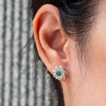 Blooming Lotus Stud Earrings – Sterling Silver with Moonstone / Aquamarine