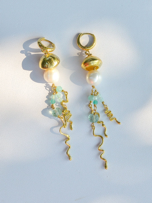 Jellyfish Earrings with Real Pearls and Fluorite Stones