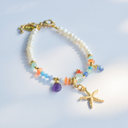 Starfish Bracelet with Real Pearls and Natural Stones