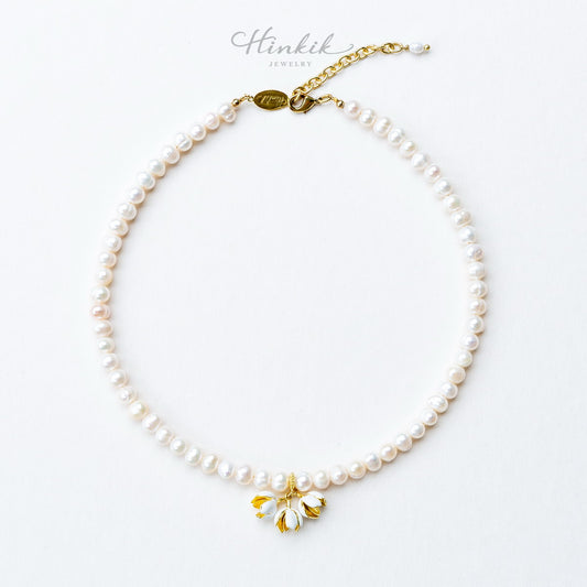 Jasmine Pearl Necklace – White Enamel Flower