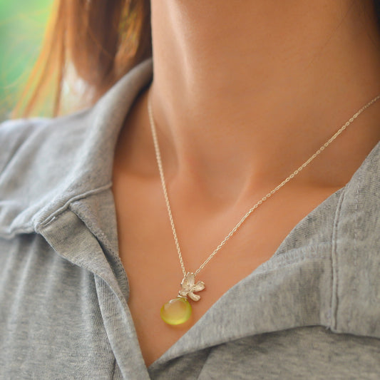 Sterling Silver Necklace with Lemon Chalcedony Drop & Silver Flower