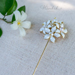 Orange Jasmine Flower Pin | White Enamel & Real Pearl Lapel Pin by Hinkik Jewelry