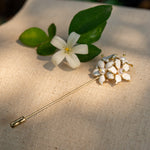 Orange Jasmine Flower Pin | White Enamel & Real Pearl Lapel Pin by Hinkik Jewelry