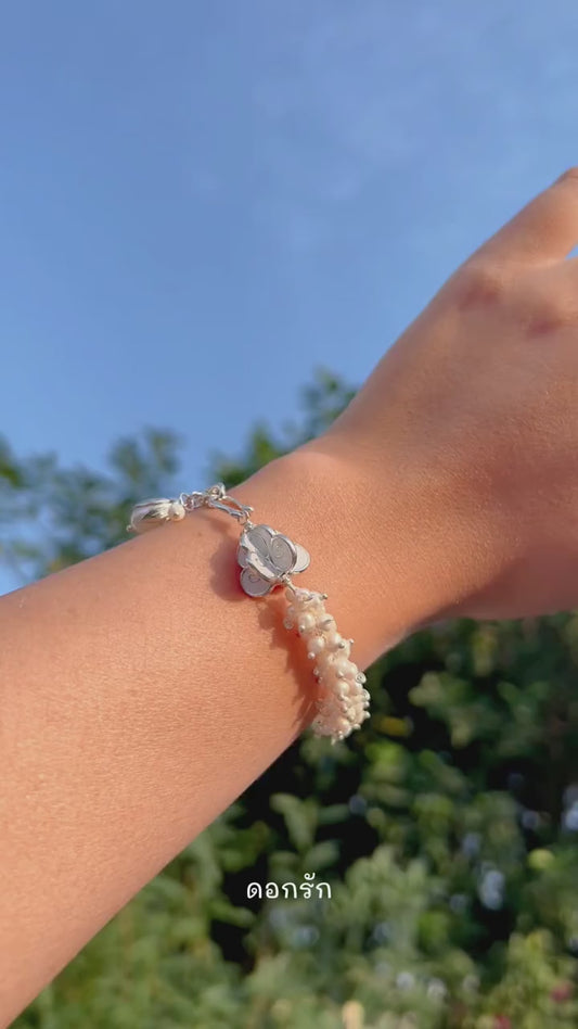 Dokrak Mali Silver Bracelet Pearl Half Circle Thai Style Floral Garland 925 Silver