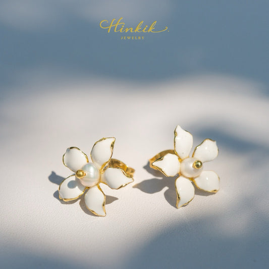 Single Orange Jasmine Stud Earrings with White Enamel
