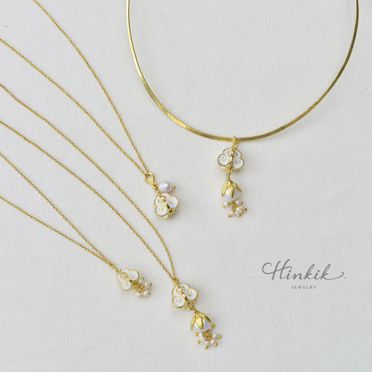 Minimalist Charming Jasmine Flower Cluster Pendant Necklace with Freshwater Pearls
